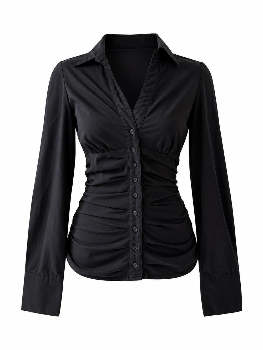 Dynamite Black Ruched Button-Down Shirt
